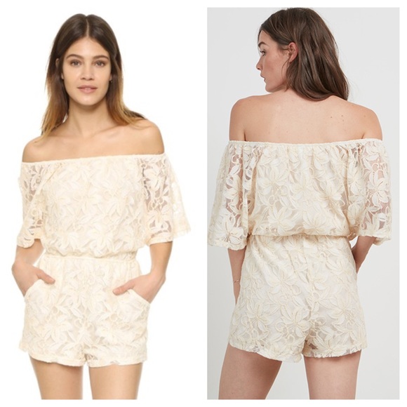 BB Dakota Nikola Romper Antiquitie Ivory Lace Off Shoulder Elastic Waist Dressy - Picture 2 of 8